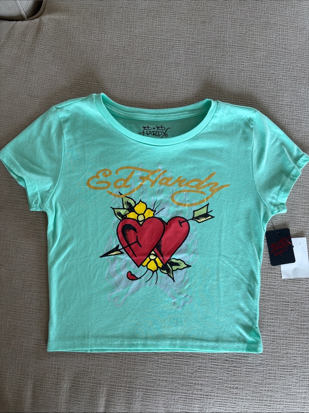 Ed Hardy Mint Green Short Sleeve Tee with Red Heart Graphic